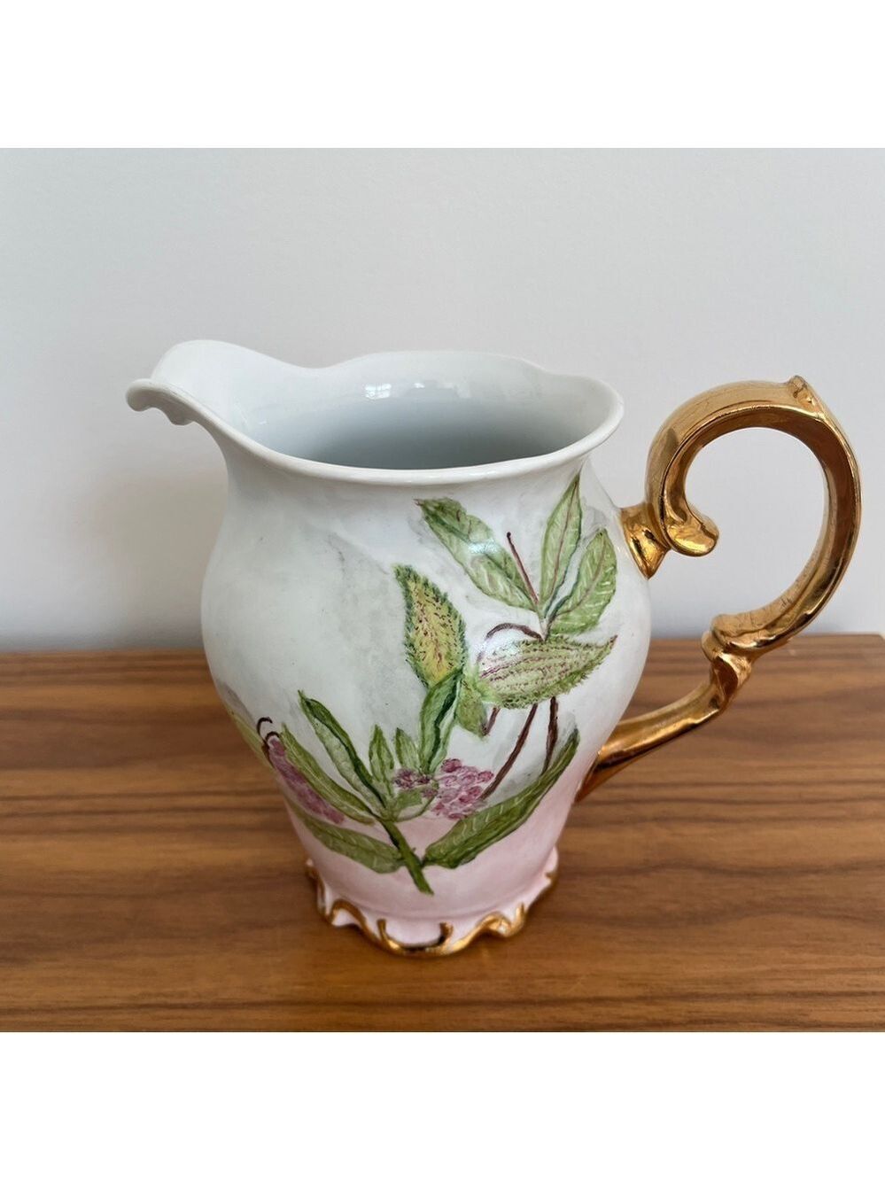 VINTAGE Gold Trim & Handle Floral Ornate Ceramic Pitcher Botanic Victorian Jug